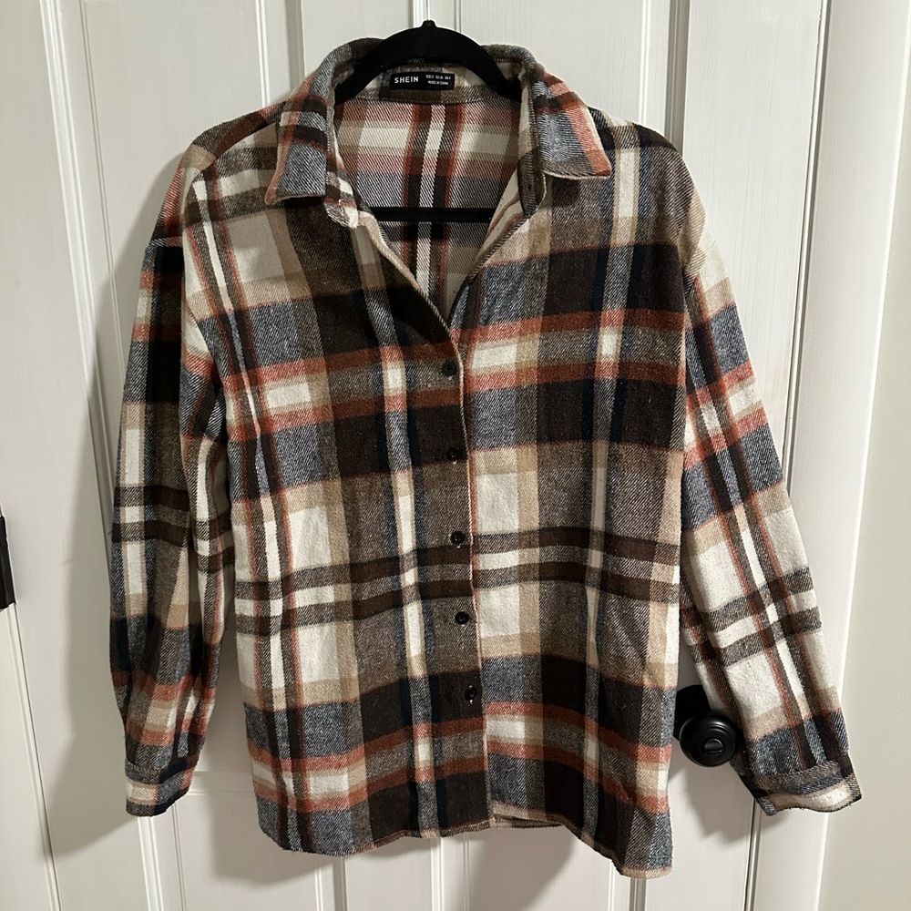 SHEIN Flannel Button-Up Shacket in Cream, Brown & Rust